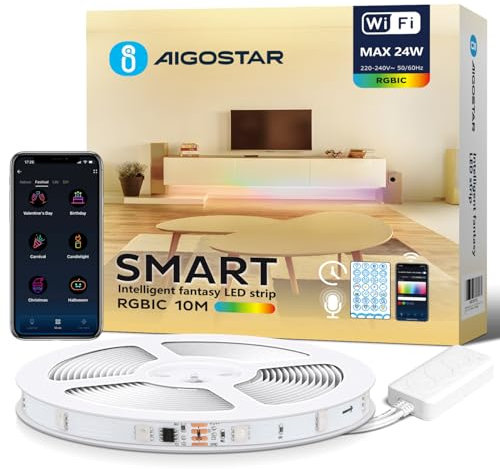 Aigostar LED Streifen Alexa, RGBIC, 10M(30LEDs/M), 24W, LED Lichtstreifen mit Segment Control, Musiksynchronisierung. Smart LED Strip für Farbe DIY, Zimmer, Party, Heimwerken, Heimdekoration, Gaming