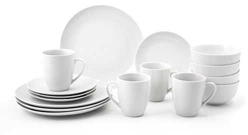 16PC Dinnerware Porcelain White Set: 4 Dinner Plates, 4 Side Plates, 4 Bowls & 4 Mugs. Dishwasher & Microwave Safe.
