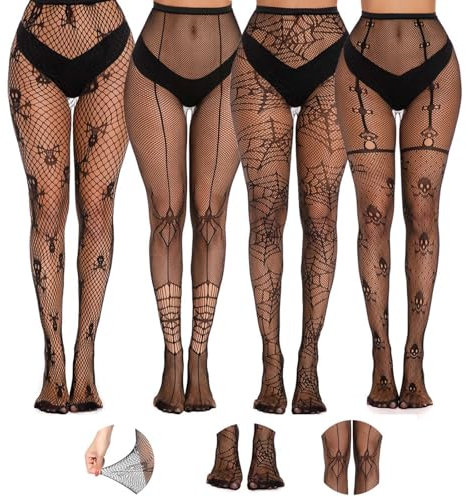 MUYAPAY 4 Pezzi Calze a Rete per, Calze a Rete Nere Donna con Teschio, Calze Donna Sexy, Collant Elevata Elasticità, per Feste in Maschera, Cosplay Nero