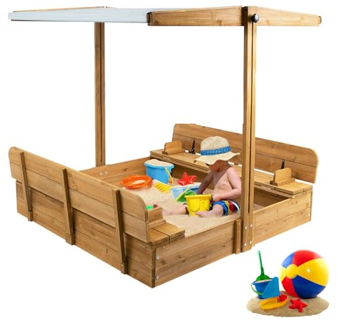 Wooden Sandbox with Lid, Kids Sandbox with Canopy Outdoor, Sandboxes with Covers Foldable Bench Seats for Backyard, UV-Resistant & Adjustable Height Roof, Gift for Ages 2-8 (47x47in)
