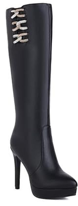 GHSIRUEU Stivali Alti al Ginocchio da Donna Plateau metà Polpaccio Stivali con Cerniera e Strass Tacco a Spillo 12CM,Nero,38 EU
