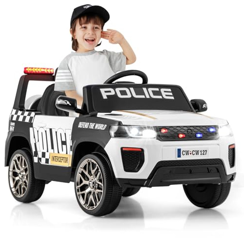 GYMAX Auto della Polizia a Pedale, Auto Elettrica 12V con Batteria Ricaricabile e Telecomando, Musica & Clacson, Sirena & Luci LED, Connessione Wireless, Sospensione a Molla, per Bambini 3-8 Anni
