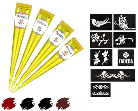 FADEDA Lot de 4 cônes en pâte de henné 100 % naturel, marron naturel, marron, noir, 100 g + 8 autocollants