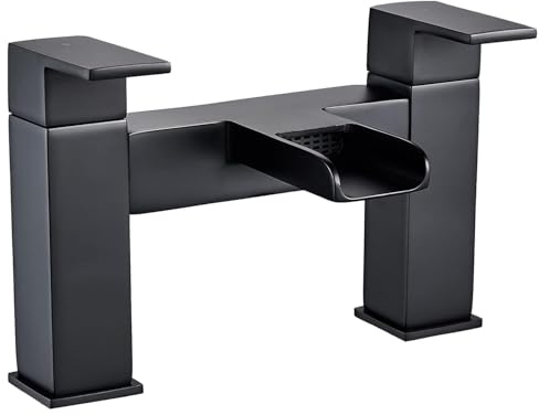 Shower Bath Taps Black Waterfall Mixer Tub Bathtub Filler Tap Shower Bathroom Brass Square Dual Lever Deck Mounted 1/4 Turn Mono Monobloc 2 Hole Faucet
