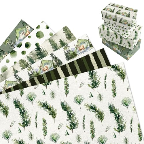 MORAINJAY 12 Sheets Wrapping Paper Christmas Forest, Christmas Watercolor Wrapping Paper, Xmas Green Elk Gift Wrap for Girls Winter Birthday Festival Kids Gift Wrap 68x50cm