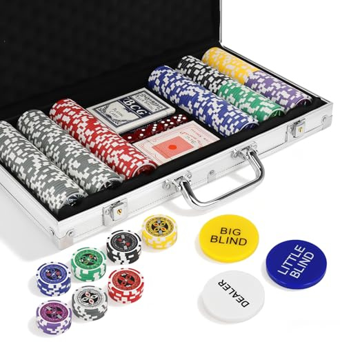 Malloom Set di 300 fiches da poker con denominazioni, chip numerate per Texas Hold'em, giochi di blackjack da poker, custodia in argilla per Texas Holdem, fiches professionali da casinò
