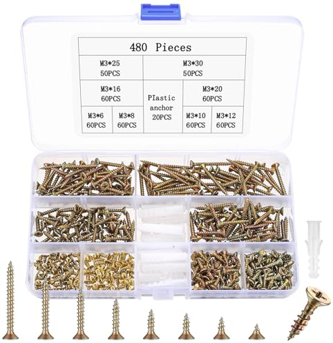 480 Pcs Wood Screws for Wood, M3 Chipboard ScrewsZinc-Plated Cross Head Countersunk Screw Assortment, Assorted Self Tapping Screws for Plastic Outdoor Decking Concrete Screw Sets Mixed Box