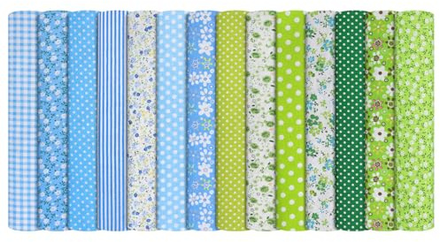 14 Piezas Telas para Patchwork - Patchwork 50 X 50 cm, Telas de Algodón con Estampado, Retales de Tela para Bricolaje, Acolchados, DecoracióN y Ropa para MuñEcas (Azul + Verde)