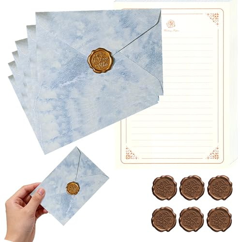 Carta da Lettere con Busta Vintage – Set Completo 6 Buste + 20 Fogli A5 14,5x21cm + 6 Sigilli Decorativi – Carta Pergamena da Scrivere per Lettera Romantica, Matrimonio, Inviti (Blu)