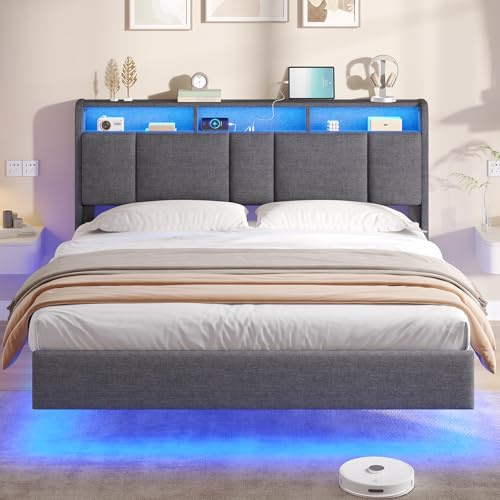 AOGLLATI Letto 160x200 cm con LED e Stazione di Ricarica, Struttura Letto Matrimoniale con Effetto Visivo Levitante, Letto Imbottito con Testiera e Spazio Contenitore, Metallo e Legno, Grigio Scuro