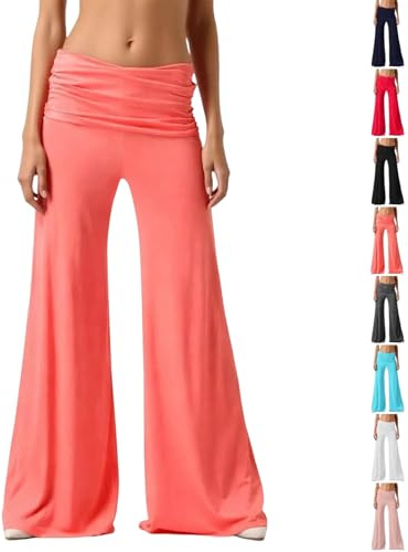 Coral Fold Over Yoga Pants for Women UK Ruched Waistband Lounge Pants Wide Leg Bootcut Trousers Women’s Low Waist Flared Bottoms Stretch Functional Dance Pilates Training Trouswers
