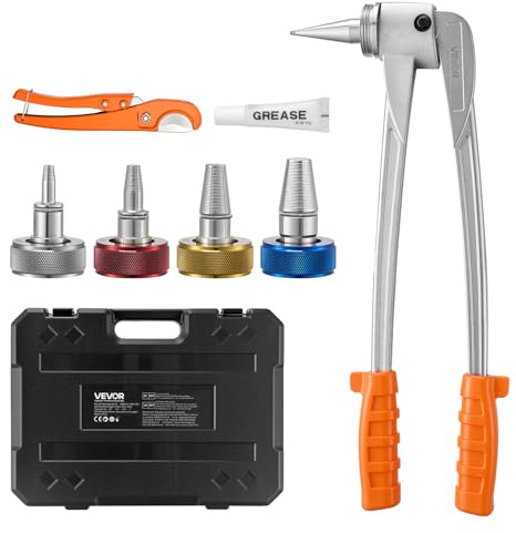 VEVOR Herramienta Expansor de Tubos PEX, Kit Manual para Expandir Tubería con 4 Cabezales de Expansión de 9,52 a 25,4 mm con Cortatubos, Lubricante para Instalaciones de Sistemas de Agua y Calefacción