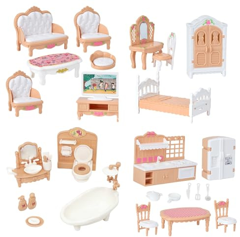 Dolls House Accessories - 36Pcs Complete Miniature Furniture Set, Realistic Bedroom Living Room Kitchen Bathroom Decor, Full Kit Dolls House Furniture, Stylish Wooden Dolls House Furniture Style