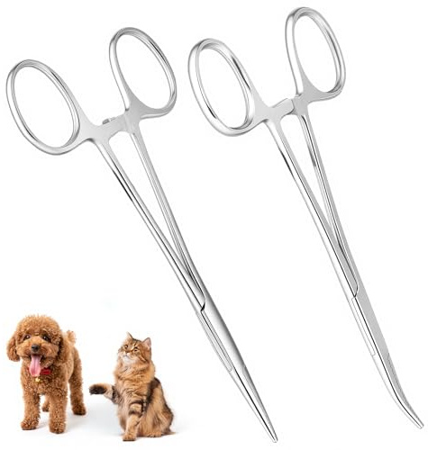 Aomig Pet Ear Clamp Hemostat Forceps 2PCS Ear Cleaning Straight & Curved Clamp Pet Groomers Scissor Stainless Steel Dog Cat Tweezers Professional Ear Hairs Tools Pet Grooming Ear Hair Puller