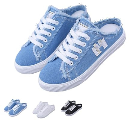 Mules en jean pour femme - Faciles à enfiler - Dos nu - Confortables - Bout rond - Lacets en toile - Demi-baskets légères et respirantes