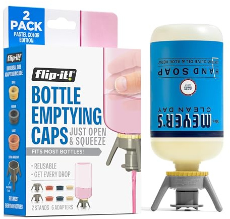 Flip-It! 2-Pack Premium Bottle Emptying Kit – No more wasted product - Fits most plastic bottles – Get out every drop of Shampoos, Lotions, & More – 2 Base Caps, 6 Adapters – Pastel Color Edition