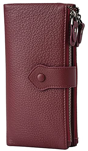 Bveyzi Women Soft Leather RFID Blocking Bifold Slim Wallets Ladies Credit Card Holder Double Zipper Pocket (Wine Red)