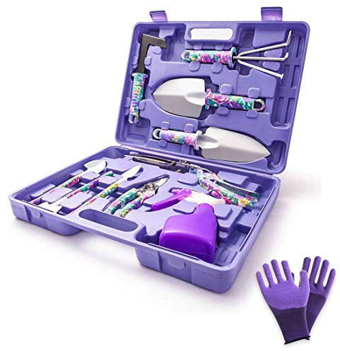 Set Attrezzi da Giardino, 11 Pezzi Regali da Giardinaggio, Impugnatura Ergonomica, Cazzuola, Rastrello, Pale, Potatore, Cesoie, Spruzzatore, Guanti, Custodia per il Trasporto