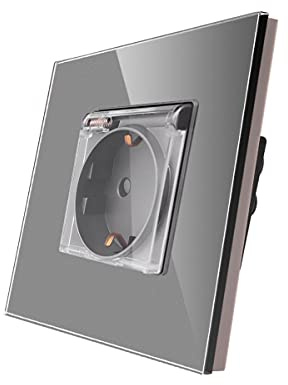 CNBINGO Single Socket 16 Amp con vidrio duro Gris, protección infantil, material resistente al fuego, versión impermeable, enchufe Schuko según el estándar de la UE