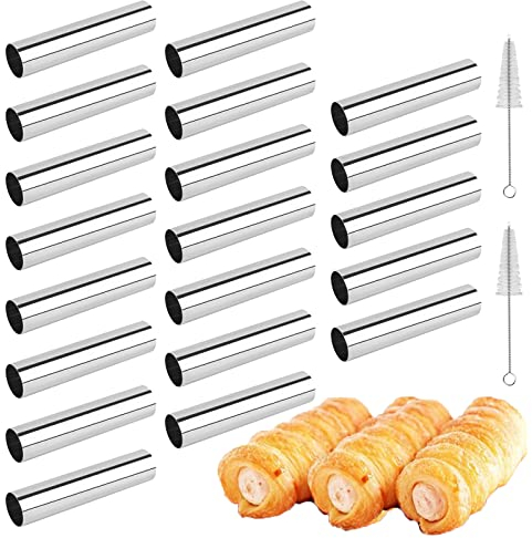 Non-Stick Cream Cannoli Tubes, RoseFlower 20 Pcs Stainless Steel Screw Croissant Mould Cannoli Shells Horn Cones Molds with 2 Clean Brush - Pastry Baking Set for Christmas Halloween Anniversary Party