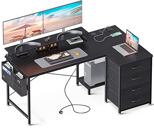 ODK Bureau d'angle avec 4 Tiroirs, 140x80cm Bureau en L avec Prise de Charge USB et Prise de Courant, Table Informatique Réversible avec Support d'écran pour Chambre Domicile Maison,Noir