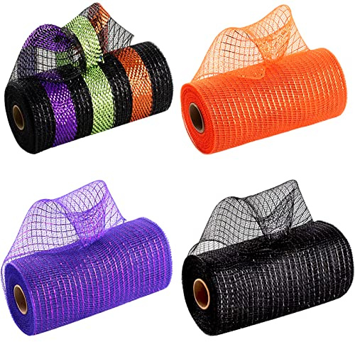 4 rollos de malla decorativa de Halloween para hacer coronas, 6 pulgadas x 10 yardas, color naranja, morado, verde, negro, cinta de rayas metálicas, rollo de malla de poliéster para decoración de