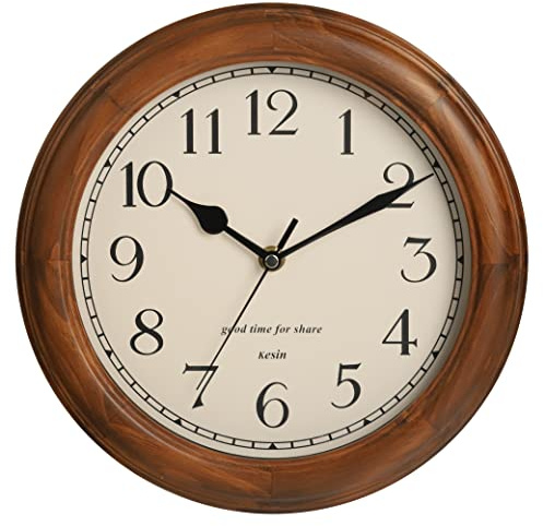 Wooden Wall Clock with Retro Design, 11 Inches Round Wall Clocks Battery Operated Silent Non-Ticking, Big Arabic Numerals, for Kitchen Living Room Classroom Gym and Pool, Brown