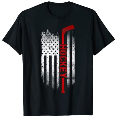 Hockey Stick USA Flag Sports Patriotic Ice Hockey Player Women Kids Men T-Shirt