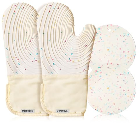 Dorkuova Silicone Mitts Oven,Silicone Oven Mitts Pair,Oven Gloves, BPA-Free, Long Cooking Mitts,Oven mits/Glove Set for BBQ, 4 Pieces (Milky White)