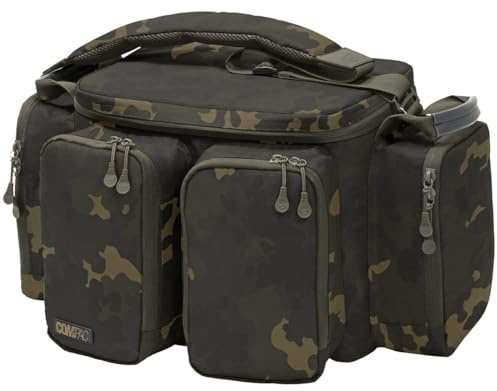 Korda Compac Small Carryall Dark Kamo, Compact Size, Durable Water-Resistant Fabric, Reinforced Waterproof Base, 5 External Pockets, Firm Lid for Bivvy Table, Removable Shoulder Strap, Heavy-Duty Zips