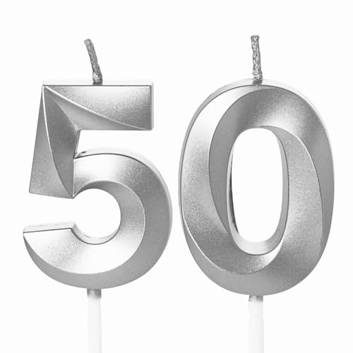 Zahlenkerzen, Silber, Tortengeburtstagskerzen, Kindertortendekoration, Jungen, Geburtstag Jubiläum (50)
