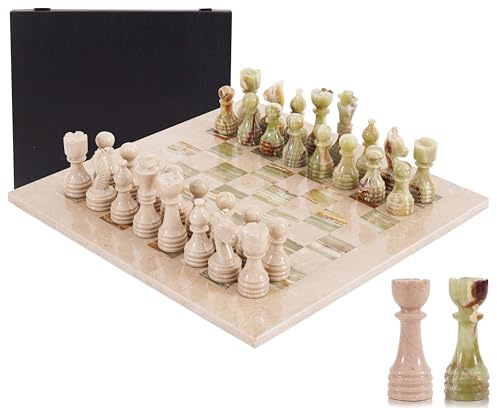 Juego de ajedrez de mármol 38 cm, Hecho a Mano en ónix Verde y Verona, con 34 Piezas y Caja. Juego de Viaje de Lujo para Adultos, Regalo Elegante y Decorativo (Verona & Green Onyx)