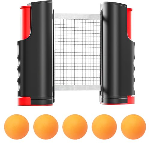 Rete da ping pong allungabile, portatile, rete da ping pong con 5 palline da ping pong, rete di ricambio portatile per principianti ed esperti, per esterni e interni, lunghezza massima 165 cm