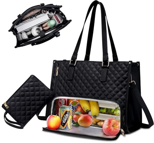 Mckinu 2-in-1 Lunchtasche Damen Arbeitstasche: PU-Leder Lunch Tasche Tote Bag mit Kühlfach - Große Kapazität Aktentasche Damen mit Kleine Geldbörse und Lunchfach Kühltasche für Unterwegs (Schwarz)