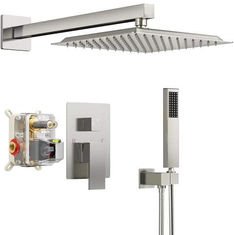 Square Rainfall Shower Head and Handle Set, 10 inch Wall Mounted Bathroom Shower Fixtures, Brushed Nickel Metal Mixer Shower Faucet with Handheld Spray (With Pressure Balanced Shower Valve)