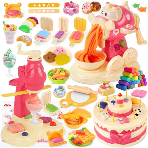 Charmofun Juego de Plastilina para Niños, 91 Piezas Herramientas Plastilina, Helados Máquina Pastelera Máquina de Pasta, Juguetes Plastilina Regalo Educativos Niños 3 4 5+ Años