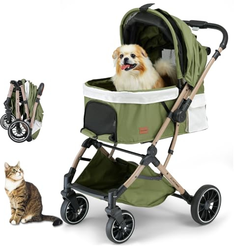 EchoSmile Vikbar hundvagn med en knapp upp till 20 kg för små och medelstora hundar och katter med vändbart handtag, stötdämpning, avtagbar tvättbar dyna (grön)