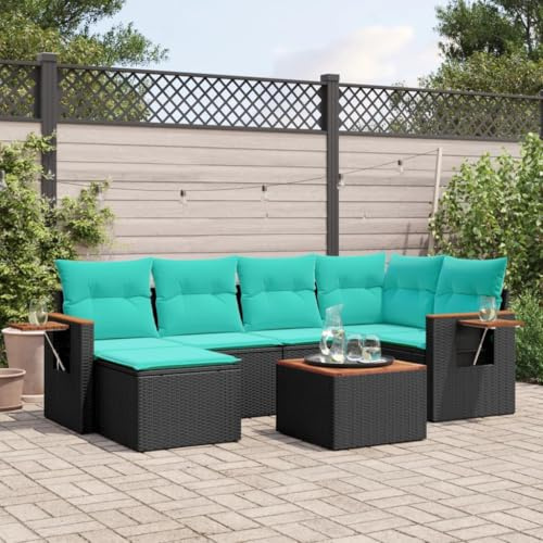 JHQHSM Set di 7 divani da giardino con cuscino in polyrattan nero, design modulare con rivestimenti rimovibili, piano in legno di acacia stabile e pratici ripiani pieghevoli
