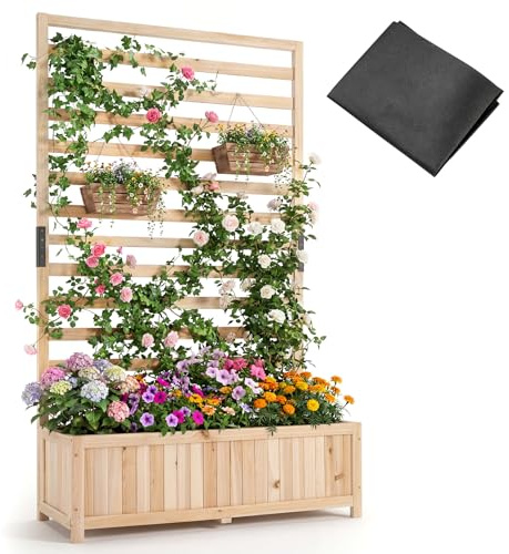 RELAX4LIFE Fioriere Rialzata con Traliccio e Cassetta di Coltivazione, Ampio Spazio per Piantare, Aiuola da Esterno in Legno con Base a Doghe Rimovibile, per Rampicanti, Ortaggi e Fiori (Naturale)