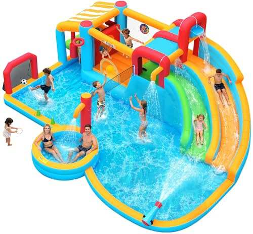 Whubefy 21.7x17.3 ft Inflatable Water Slide Bounce House for Kids Backyard 29-in-1 Giant Blow Up Double Slides Water Park, Splash Pool with Volleyball Net, Shaded Pretend Play Station Obstacle Course