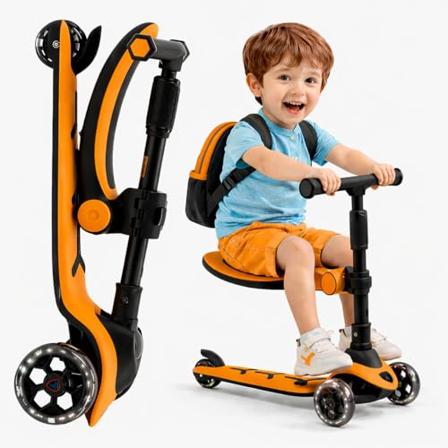 Toyana 3 Wheel Scooter with Seat for Kids with LED Light Up Wheels, Easy Foldable Toddler Scooter, Adjustable Height Handlebar Up To 77 cm, Lean to Steer Design for Unisex Kids 3+ Years - Orange