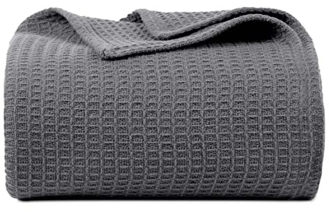 Bed & Bath Home Premium 100% Cotton Waffle Weave Blanket Twin Size – Soft Breathable Lightweight Comfort, Natural All-Season Bed Blanket, Easy-Care Bedspread for Bed & Couch (Grey)