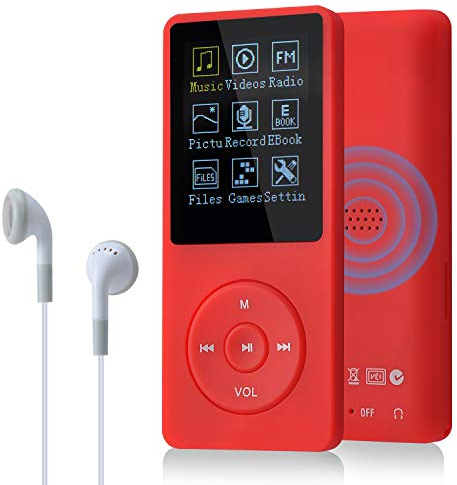 COVVY 8 Go/16 Go Lecteur de Musique MP3 Portable, Prend en Charge jusqu'à 64 Go de Carte mémoire SD, Son sans Perte, Lecteur MP3 HiFi, Musique/vidéo/Enregistrement Vocal/Radio FM (8G,Rouge)