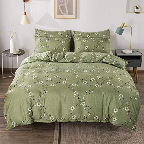 Flowers Bedding Set White Floral Duvet Cover Set Green Plants Branches Comforter Cover for Kids Women Adults Botanical Bedspread Cover with 1 Duvet Cover and 2 Pillowcases,Soft Lightweight,King