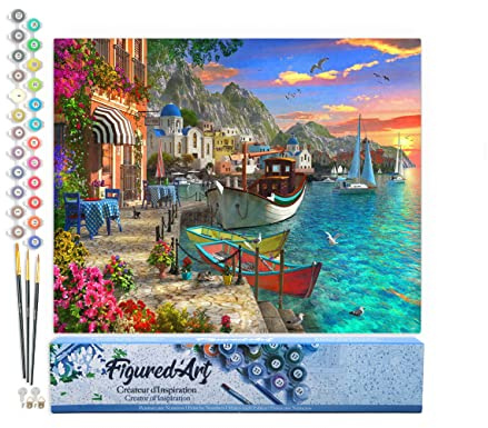 Figured'Art Malen Nach Zahlen Erwachsene Kleiner Hafen - Paint by Numbers Basteln DIY Bastelset 40x50cm ohne Holzrahmen