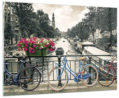 Vidrios decorativos 100x70cm Cuadro Sobre Vidrio Moderno Ámsterdam Bicicletas Puente Grande Cocina Cuadros Pared Impresiones Decoracion Salon Impresión en Cristal Wall Art Prints GAA100x70-4503