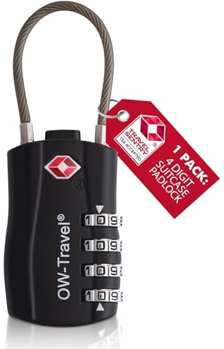OW-Travel Cadenas Valise Avion, Cadenas TSA à Câble 4 Chiffres Noir 1 Pc