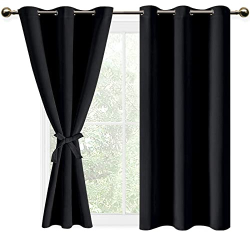 DWCN Set med 2 värmebeständiga gardiner, ringar för sovrum och vardagsrum, mörkläggningsgardiner med öljetter för barnrum, spetsklar lyxiga, 106 x 160 cm (B x H), svart