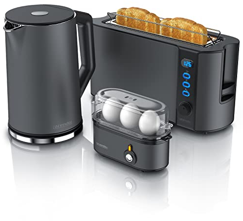 Arendo - Wasserkocher mit Toaster SET und Eierkocher Edelstahl Cool Grey, Wasserkocher 1,5L 40° - 100°C Toaster 2 Scheiben LED-Display 6 Bräunungsgrade Eierkocher 1-3 Eier Messbecher BPA frei
