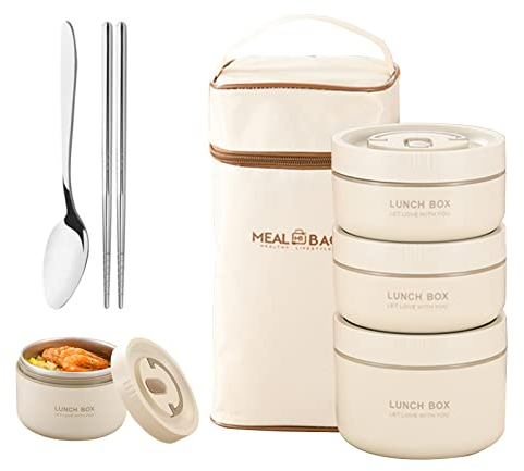 kyaoayo écipient alimentaire portable avec sac à lunch,Boîte lunch isotherme portable, boîte à lunch isotherme empilable et étanche, pour enfants et adultes (3 couches)